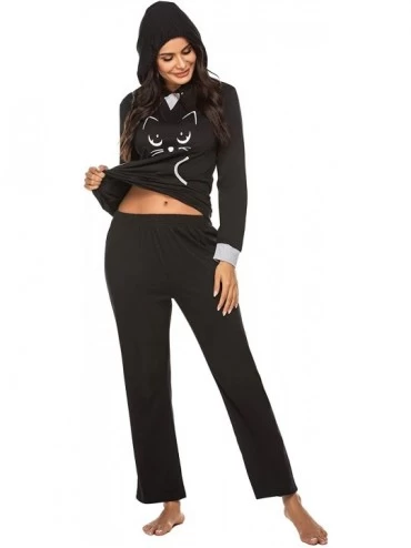 Sets Women's Long Pajama Set Cute Print Hooded Tops and Pants Loungewear Set - Black - C318AL0HUTY $25.42