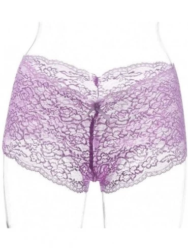 Panties Lingerie Underwear- 2 Pack Women's Hipster Lace Trim Boyshort Underwear Panties Sheer Plus Size - Purple Black - CC18...