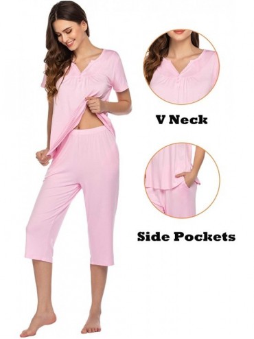 Sets Womens Pajama Set Short Sleeve Sleepwear Pjs Set for Women Capri Pajama Sets Nightwear Button Sleepwear Set Pink - CT190...