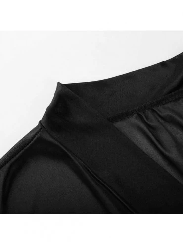 Garters & Garter Belts Women Lingerie Sexy Black Belt Silk Satin Kimono Robe Lace Bathrobe Sleepwear Pajamas - Black - CA1932...