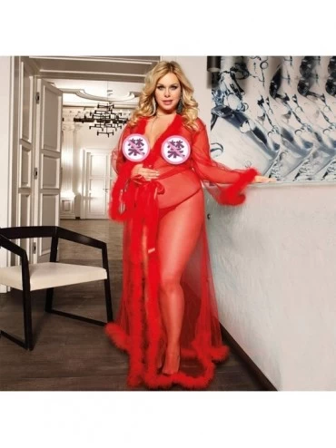 Robes Plus Size Lingerie Womens Sexy Plush Feather Cardigan Long Sleeve Kimono Robe Long Nightdress - Red - CX1972AM39Q $24.62