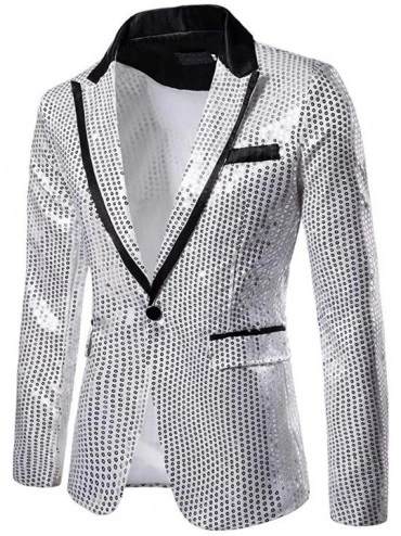 Sleep Tops Men's Shiny Sequins Suit Jacket Blazer One Button Tuxedo for Party-Wedding-Banquet-Prom - Silver - C4193C7CTDT $59.53