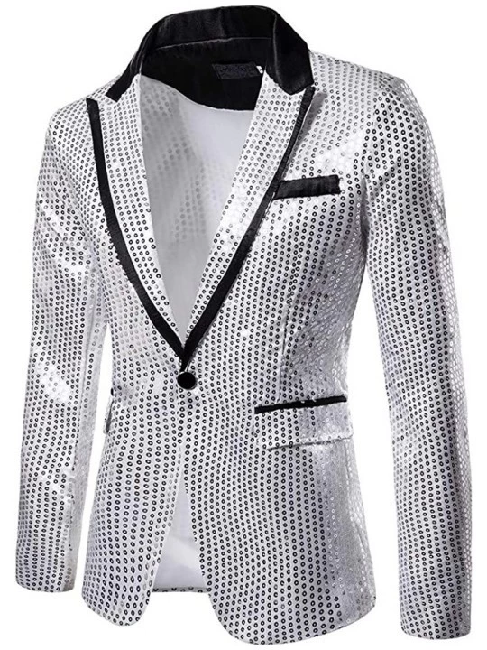 Sleep Tops Men's Shiny Sequins Suit Jacket Blazer One Button Tuxedo for Party-Wedding-Banquet-Prom - Silver - C4193C7CTDT $39.17