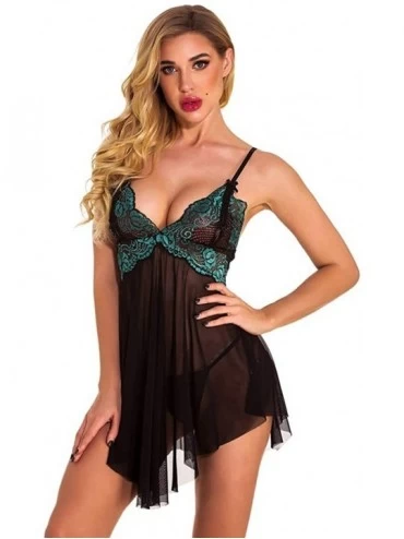 Baby Dolls & Chemises Women Sexy Lingerie V Neck Flroral Babydoll Mesh Chemise Lace Sleepwear Negligees Nightgown - Green - C...