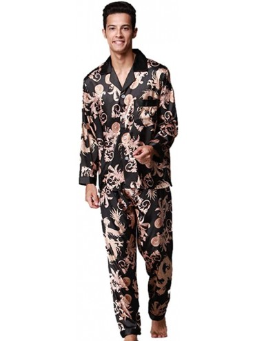 Sleep Sets Men Pajamas Set Home Sleepwear Ethnic Dragon Printed Long Sleeve Shirt + Pants Black XL - CX18OX23UAA $63.49