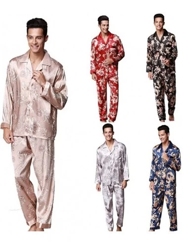 Sleep Sets Men Pajamas Set Home Sleepwear Ethnic Dragon Printed Long Sleeve Shirt + Pants Black XL - CX18OX23UAA $29.13