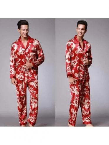 Sleep Sets Men Pajamas Set Home Sleepwear Ethnic Dragon Printed Long Sleeve Shirt + Pants Black XL - CX18OX23UAA $29.13