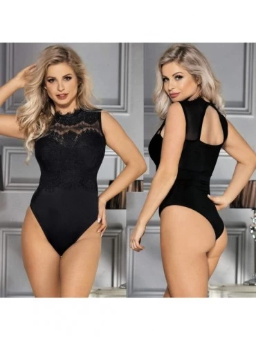 Shapewear Sexy Bodysuit for Women Plus Size Teddy Lingerie Lace Cup Round Neck - Black - C018ISGXUX6 $16.60