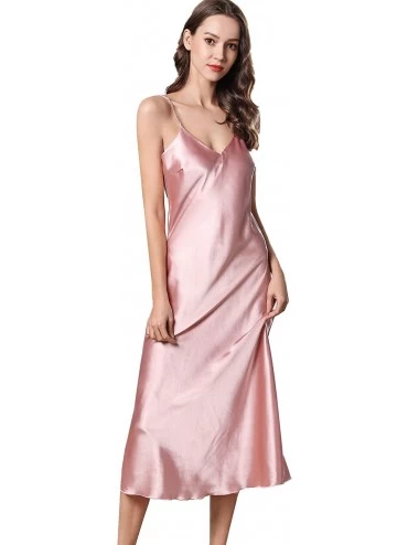 Nightgowns & Sleepshirts Womens Silky Nightdress Deep V-Neck Satin Full Slip Lingerie Sleepwear - Pink - C618RC3CGHU $19.94