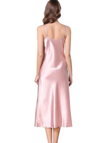 Nightgowns & Sleepshirts Womens Silky Nightdress Deep V-Neck Satin Full Slip Lingerie Sleepwear - Pink - C618RC3CGHU $19.94