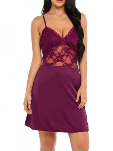 Nightgowns & Sleepshirts Women Nighties Lace Patchwork Nightdress Adjustable Spaghetti Straps Sleeveless - Black-1 - C118UUXT...