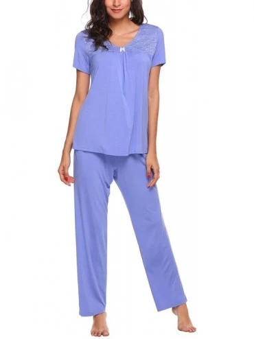 Sets Women's Cotton Round Neck Short Sleeve Long Pants Loose Sleepwear Pajama Set - Blue - CB180CI8H2E $37.77