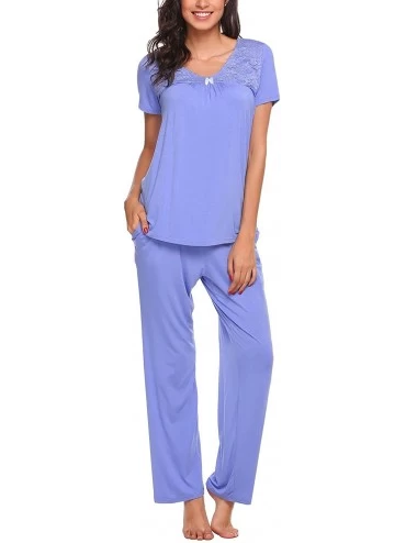 Sets Women's Cotton Round Neck Short Sleeve Long Pants Loose Sleepwear Pajama Set - Blue - CB180CI8H2E $16.40