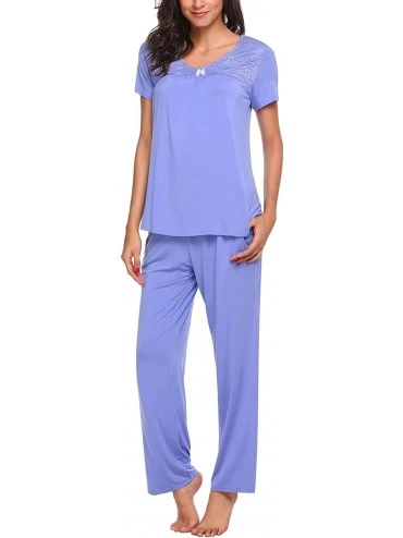 Sets Women's Cotton Round Neck Short Sleeve Long Pants Loose Sleepwear Pajama Set - Blue - CB180CI8H2E $16.40