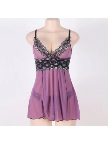 Baby Dolls & Chemises Women Lace Sexy Lingerie(M-5XL) Sexy Deep V Alluring Pajamas with T-back (Purple) - CN186UD9X4O $9.32