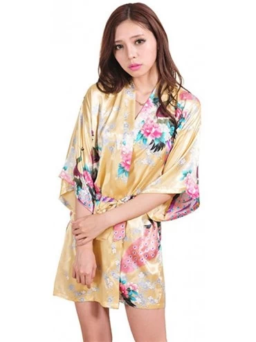 Robes Purple Female Printed Floral Kimono Dress Gown Chinese Style Silk Satin Robe Nightgown Flower - Gold - CR198HEM6SO $22.17