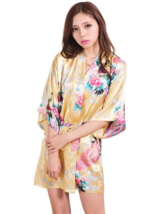 Robes Purple Female Printed Floral Kimono Dress Gown Chinese Style Silk Satin Robe Nightgown Flower - Gold - CR198HEM6SO $62.82
