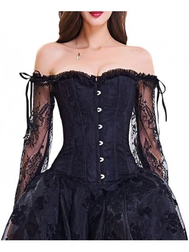 Bustiers & Corsets Women's Overbust Lace up Back Corset with Shoulder Sleeve Bust Bustier - Black - CP18EWKHI2L $43.09
