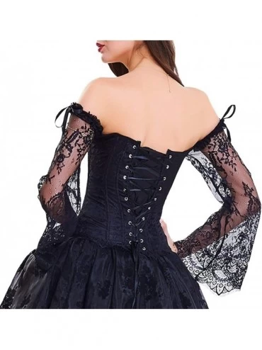 Bustiers & Corsets Women's Overbust Lace up Back Corset with Shoulder Sleeve Bust Bustier - Black - CP18EWKHI2L $24.46