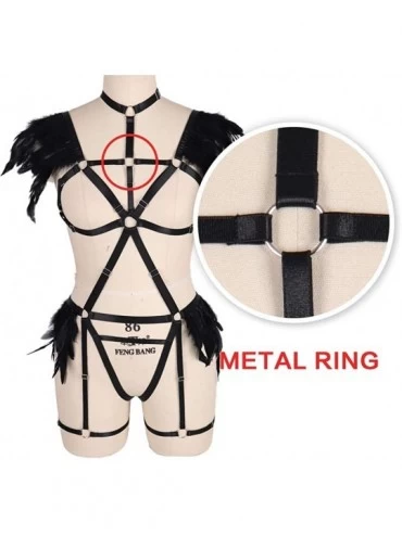 Garters & Garter Belts Women Feather Bralette Rave Punk Full Body Harness Epaulette Wings Strappy Burning Man Wear - Black - ...