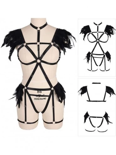 Garters & Garter Belts Women Feather Bralette Rave Punk Full Body Harness Epaulette Wings Strappy Burning Man Wear - Black - ...