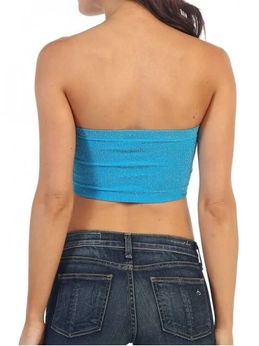 Camisoles & Tanks Seamless Sparkle Bandeau Tube Top (Non-Padded) -Made in USA - Turquoise-metallic - C3182KNOS8G $10.73