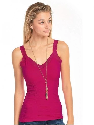 Camisoles & Tanks Women's Seamless Wrinkled Lace Trim Camisole Tank Top - Fuchsia - CW180HQ5LQW $22.02