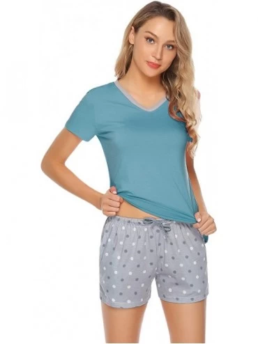 Sets Women's Cotton Short Sleeve Pajamas Set Dot Pattern Sleepwear Lounge PJ Nightwear - Lake Blue - CI1907XGHGC $38.03