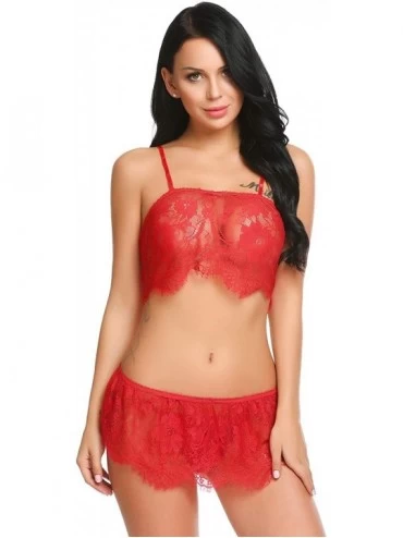 Baby Dolls & Chemises Women Sexy Lingerie Lace Mini Babydoll Set 2 Piece Bra and Panty Nightgown - Red - CD18L44G6CT $19.35