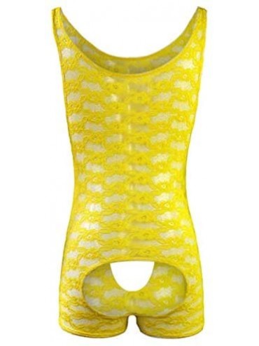 G-Strings & Thongs Men's Sheer Lace Bodysuit Sheer See Through Lace Sissy Open Pouch Thong Nightwear Underwear - Yellow - CW1...