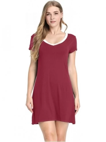 Nightgowns & Sleepshirts Womens Bamboo Sleep/Night/Pajama/Pj Shirt Gown - Short Sleeve V Neck - Wine Red - CV199960Z5G $45.23