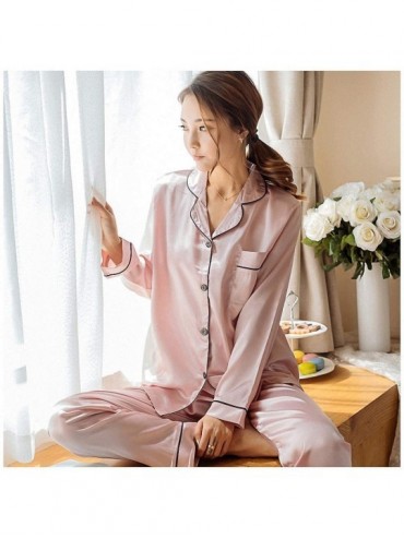 Sets Womens Silk Satin Set Long Sleeve Sleepwear Suit Female Sleep 2 pcs/Set Loungewear - Lg Pink - CG192R4LXYW $67.11