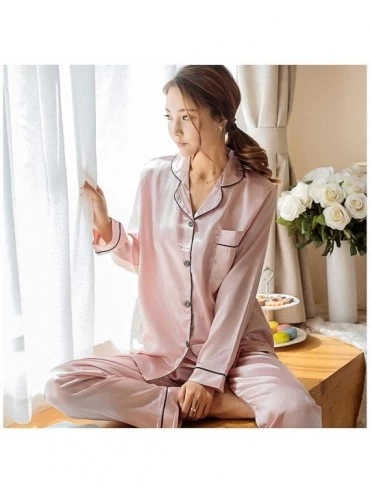 Sets Womens Silk Satin Set Long Sleeve Sleepwear Suit Female Sleep 2 pcs/Set Loungewear - Lg Pink - CG192R4LXYW $33.14