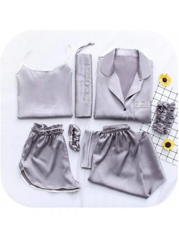 Sets Women's 7 Pieces Pajamas Sets Summer Emulation Silk Striped Pyjama Women Sleepwear Sets Homewear - Grey - C2199XK2KGA $3...