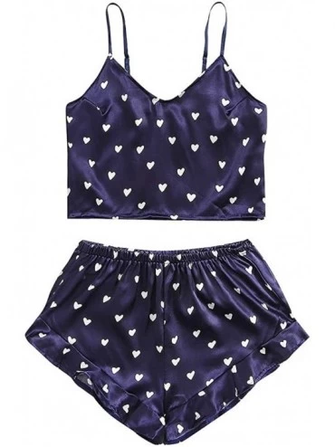 Sets Women's Sexy Lace Satin Cami Pajama Set Ladies Soft Loungewear Nightwear Sleepwear - Blue 3 - CG19D8DGZ3X $29.04