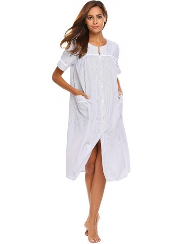 Nightgowns & Sleepshirts Women's Striped Sleepwear Button Down Duster Short Sleeve House Dress Nightgown - Navy - C118C6254TK...