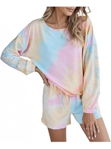 Sets Women's Tie Dye Printed Pajamas Set Long Sleeve Tops With Shorts Lounge Set Casual Two-Piece Sleepwear - Zr-pink - CK19D...