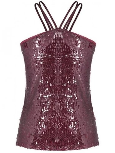 Camisoles & Tanks Women Sequin Halter Tank Tops Shimmer Spaghetti Strap Camisole Vest Party Clubwear - Red - CZ199XTEY72 $24.92