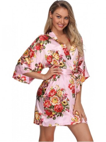 Robes Women Short Floral Kimono Robe Bridal Dressing Gown Bathrobe for Wedding Pary - Light Pink - CY18II80SS3 $35.57
