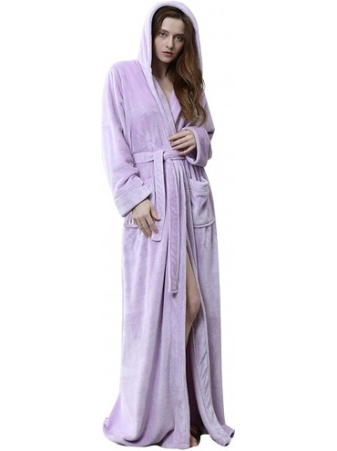 Robes Womens Fuzzy Plush Long Hooded Robe Full Length Flannel Fleece Bathrobe Warm Housecoat - Lilac - CQ18KRANA37 $95.86