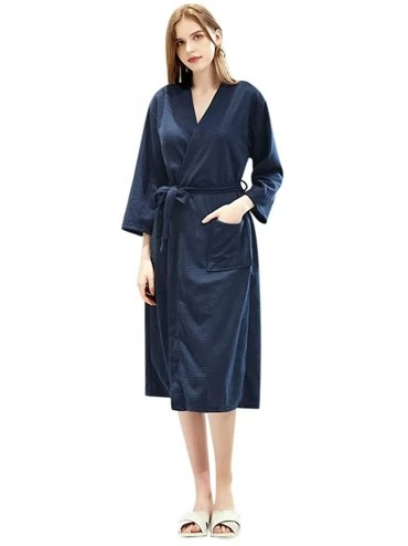 Robes Women Solid Color Knitted Robe Long Pajamas Sleepwear Bathrobe Gown with Pocket Belt - Navy - CH19262OXLA $55.97
