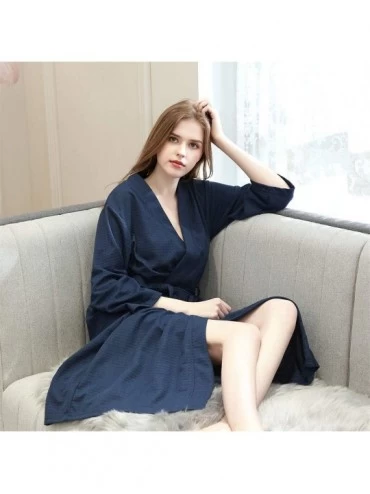 Robes Women Solid Color Knitted Robe Long Pajamas Sleepwear Bathrobe Gown with Pocket Belt - Navy - CH19262OXLA $29.50