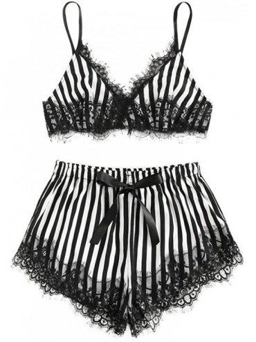 Sets Sexy Satin Pajama Set Fashion Lace Trim Cami and Shorts Comfortable Sleepwear Summer Nightwear Loungewear - Black - CL19...