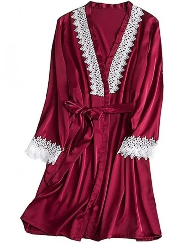 Robes Bathrobe for Women Full Slip Sleepwear for Bride Sexy Lace Patchwork Kimono Robes Long Sleeve Summer Nightwear Wine - C...