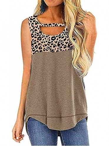 Tops Women's Cut-Out Tank Tops Sleeveless Leopard Colorblock Casual O-Neck Summer Shirts Blouse - Khaki - CD1979UG949 $28.92