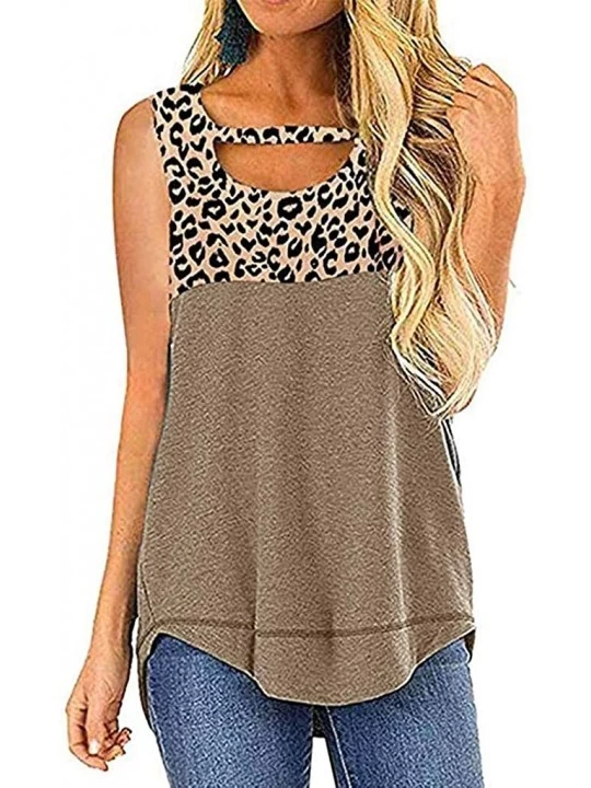 Tops Women's Cut-Out Tank Tops Sleeveless Leopard Colorblock Casual O-Neck Summer Shirts Blouse - Khaki - CD1979UG949 $13.79