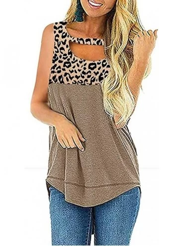 Tops Women's Cut-Out Tank Tops Sleeveless Leopard Colorblock Casual O-Neck Summer Shirts Blouse - Khaki - CD1979UG949 $13.79