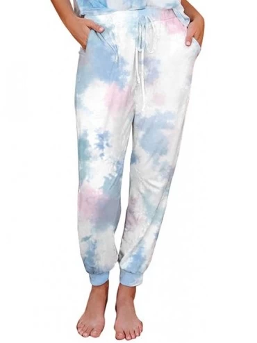 Bottoms Women's Tie Dye Print Drawstring Elastic Waist Casual Lounge Long Pants Pajama Trousers - Blue Pink - C919CQGAXUQ $47.51