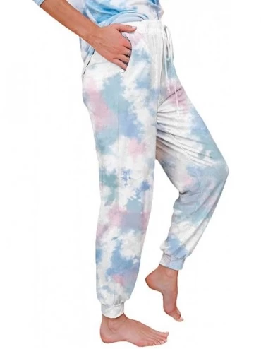 Bottoms Women's Tie Dye Print Drawstring Elastic Waist Casual Lounge Long Pants Pajama Trousers - Blue Pink - C919CQGAXUQ $21.88