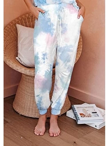 Bottoms Women's Tie Dye Print Drawstring Elastic Waist Casual Lounge Long Pants Pajama Trousers - Blue Pink - C919CQGAXUQ $21.88
